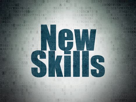 Learning concept: Painted blue word New Skills on Digital Data Paper background