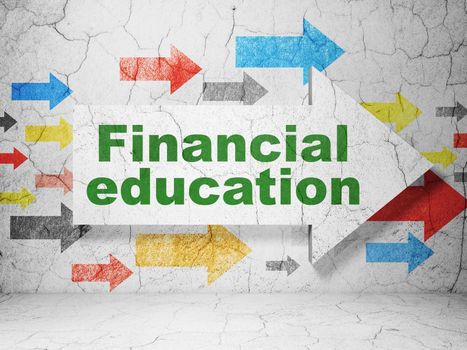 Learning concept:  arrow with Financial Education on grunge textured concrete wall background, 3D rendering