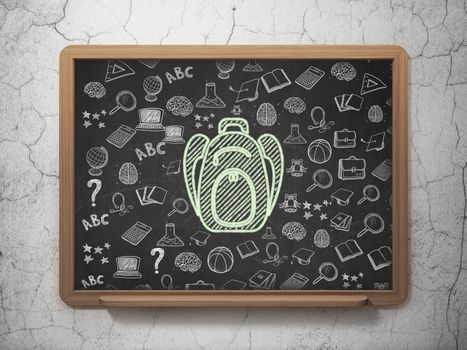 Learning concept: Chalk Green Backpack icon on School board background with  Hand Drawn Education Icons, 3D Rendering