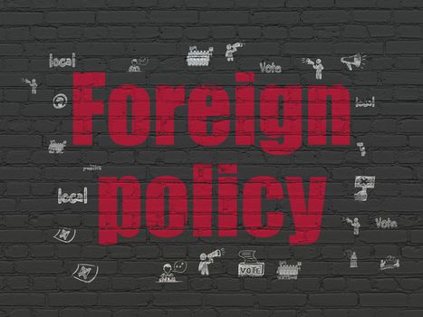 Political concept: Painted red text Foreign Policy on Black Brick wall background with  Hand Drawn Politics Icons