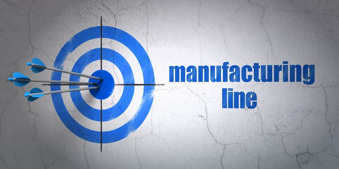 Success Manufacuring concept: arrows hitting the center of target, Blue Manufacturing Line on wall background, 3D rendering