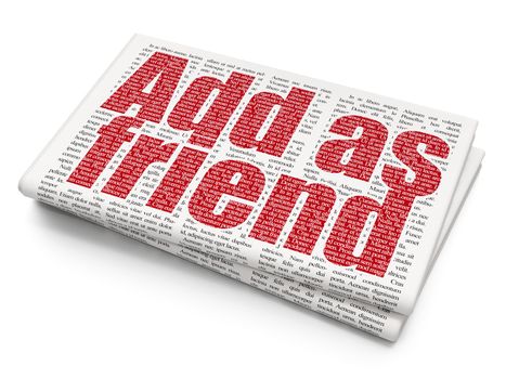 Social media concept: Pixelated red text Add as Friend on Newspaper background, 3D rendering