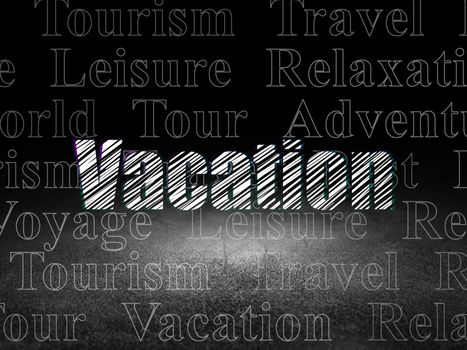 Travel concept: Glowing text Vacation in grunge dark room with Dirty Floor, black background with  Tag Cloud