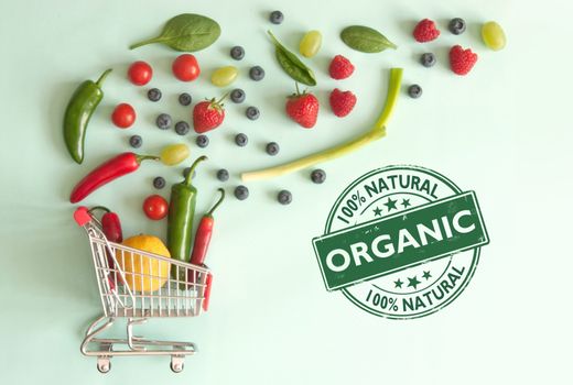 Organic grocery shopping cart filled with fruits and vegetables 