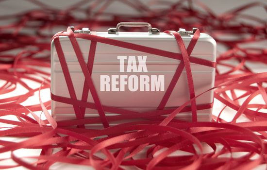 Red tape around a briefcase with tax reform