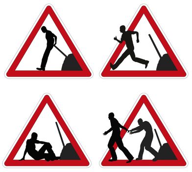 Set of signs with workmen taking rest or go on strike