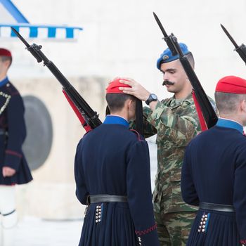 Athens, Greece - October 24, 2017: Evzones in front of the Tomb of the Unknown Soldier