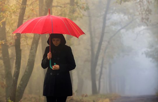 Woman with red umbrella and foggy forest