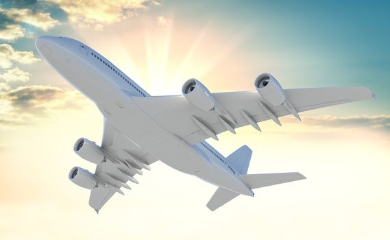 Commercial passenger airplane on beautiful colorful sunset background. 3d illustration