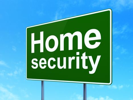 Privacy concept: Home Security on green road highway sign, clear blue sky background, 3D rendering