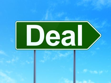 Finance concept: Deal on green road highway sign, clear blue sky background, 3D rendering