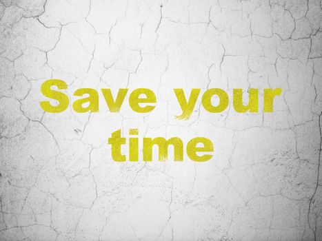 Timeline concept: Yellow Save Your Time on textured concrete wall background