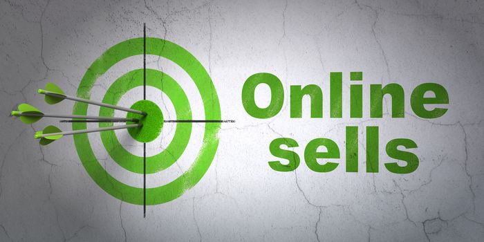 Success advertising concept: arrows hitting the center of target, Green Online Sells on wall background, 3D rendering