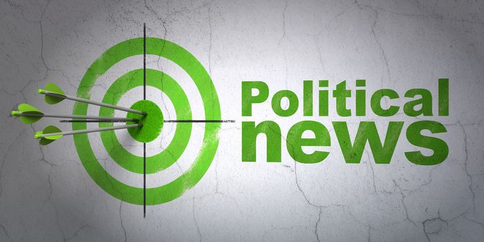 Success news concept: arrows hitting the center of target, Green Political News on wall background, 3D rendering