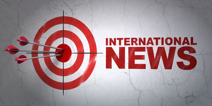 Success news concept: arrows hitting the center of target, Red International News on wall background, 3D rendering