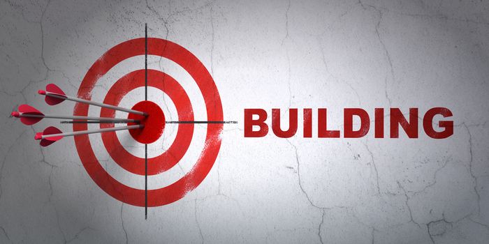 Success building construction concept: arrows hitting the center of target, Red Building on wall background, 3D rendering