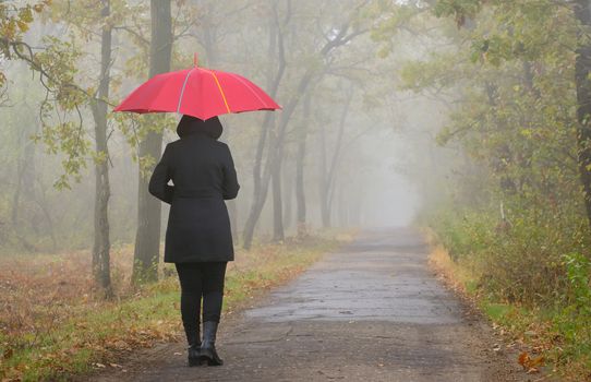 Depressed woman with red umbrella and foggy forest