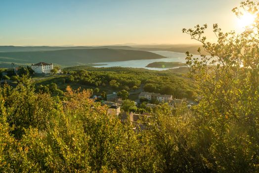 Castle of Aiguines and Sainte Croix lake in France