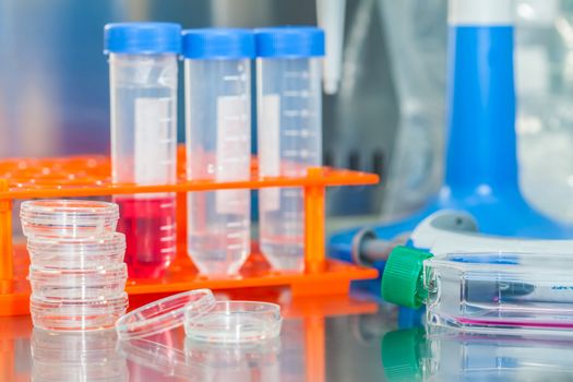 Laboratory materials in a safety laminar air flow cabinet at laboratory