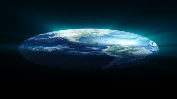 Flat Earth on black background. Digital illustration. 3d rendering