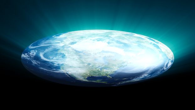 Flat Earth on black background. Digital illustration. 3d rendering