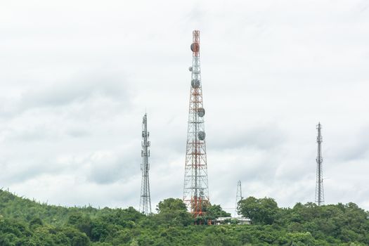 Telecommunication antenna tower, Radio antenna tower, Cellular antenna tower in blue sky background