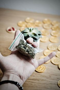 Green dry marijuana in man hand on the blurry background. Weed concept.