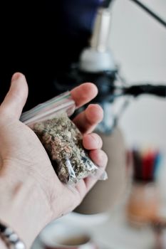 Green dry marijuana in man hand on the blurry background. Weed concept.