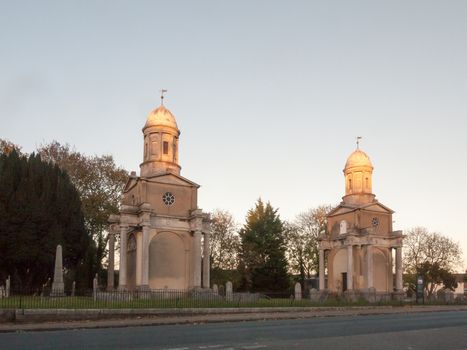 mistley twin towers of burnt down church spires private; essex; england; uk