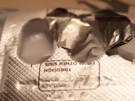 close up of paracetamol foil packet open empty used; essex; england; uk
