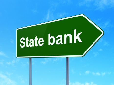 Banking concept: State Bank on green road highway sign, clear blue sky background, 3D rendering