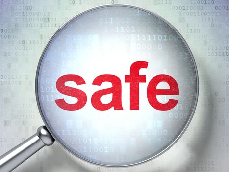 Safety concept: magnifying optical glass with words Safe on digital background, 3D rendering