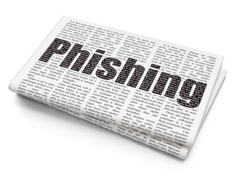 Privacy concept: Pixelated black text Phishing on Newspaper background, 3D rendering