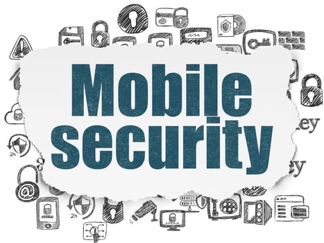 Safety concept: Painted blue text Mobile Security on Torn Paper background with  Hand Drawn Security Icons