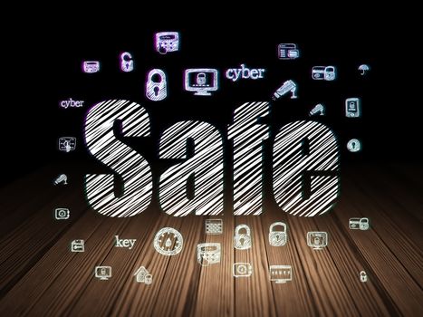 Privacy concept: Glowing text Safe,  Hand Drawn Security Icons in grunge dark room with Wooden Floor, black background