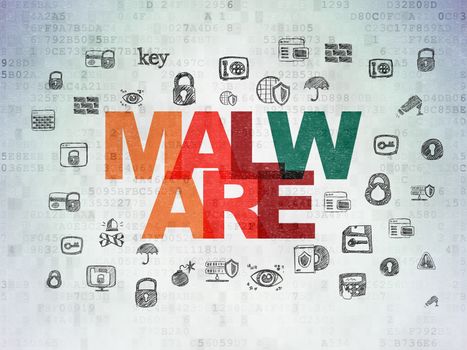 Safety concept: Painted multicolor text Malware on Digital Data Paper background with  Hand Drawn Security Icons