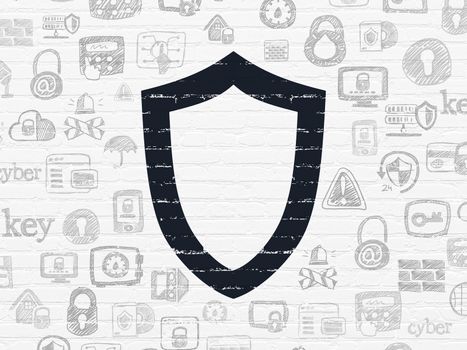 Protection concept: Painted black Contoured Shield icon on White Brick wall background with  Hand Drawn Security Icons