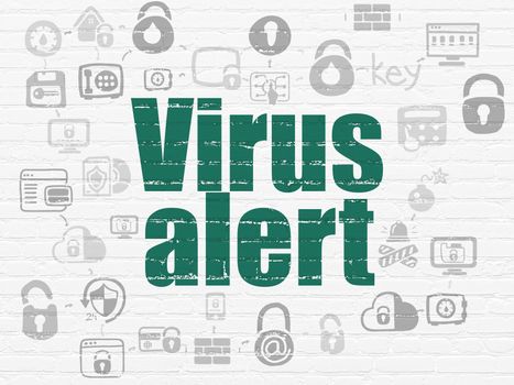 Security concept: Painted green text Virus Alert on White Brick wall background with Scheme Of Hand Drawn Security Icons