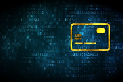 Business concept: pixelated Credit Card icon on digital background, empty copyspace for card, text, advertising