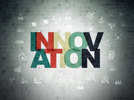 Finance concept: Painted multicolor text Innovation on Digital Data Paper background with  Hand Drawn Business Icons