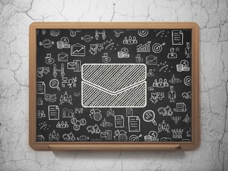 Business concept: Chalk White Email icon on School board background with  Hand Drawn Business Icons, 3D Rendering