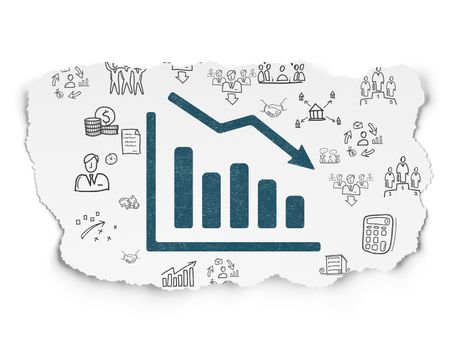Business concept: Painted blue Decline Graph icon on Torn Paper background with  Hand Drawn Business Icons