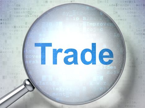 Finance concept: magnifying optical glass with words Trade on digital background, 3D rendering