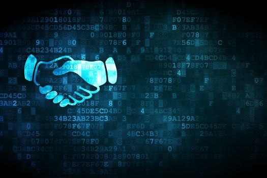 Finance concept: pixelated Handshake icon on digital background, empty copyspace for card, text, advertising