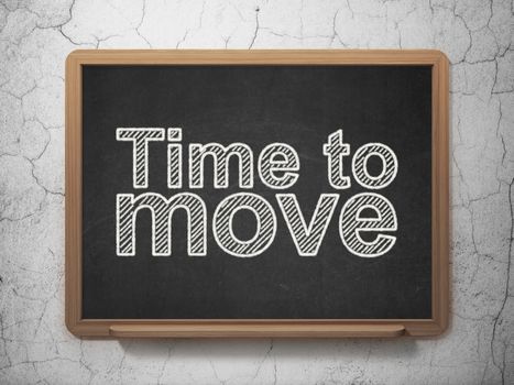 Timeline concept: text Time to Move on Black chalkboard on grunge wall background, 3D rendering