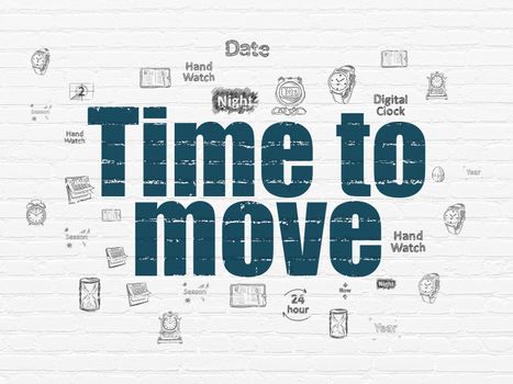 Timeline concept: Painted blue text Time to Move on White Brick wall background with  Hand Drawing Time Icons