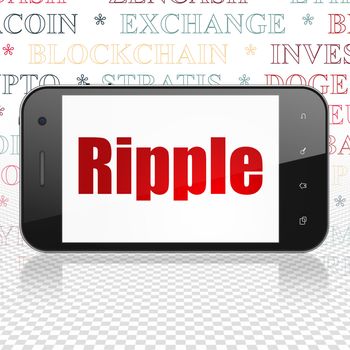 Blockchain concept: Smartphone with  red text Ripple on display,  Tag Cloud background, 3D rendering