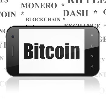 Blockchain concept: Smartphone with  black text Bitcoin on display,  Tag Cloud background, 3D rendering