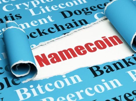 Blockchain concept: red text Namecoin under the curled piece of Blue torn paper with  Tag Cloud, 3D rendering