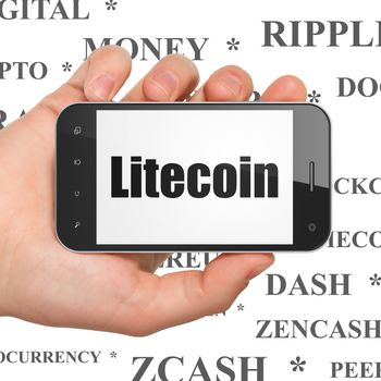 Blockchain concept: Hand Holding Smartphone with  black text Litecoin on display,  Tag Cloud background, 3D rendering